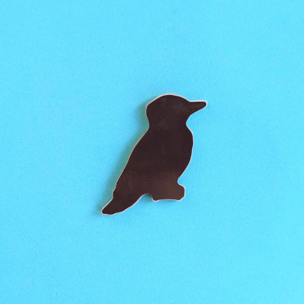 back of woodpecker fridge magnet on blue background