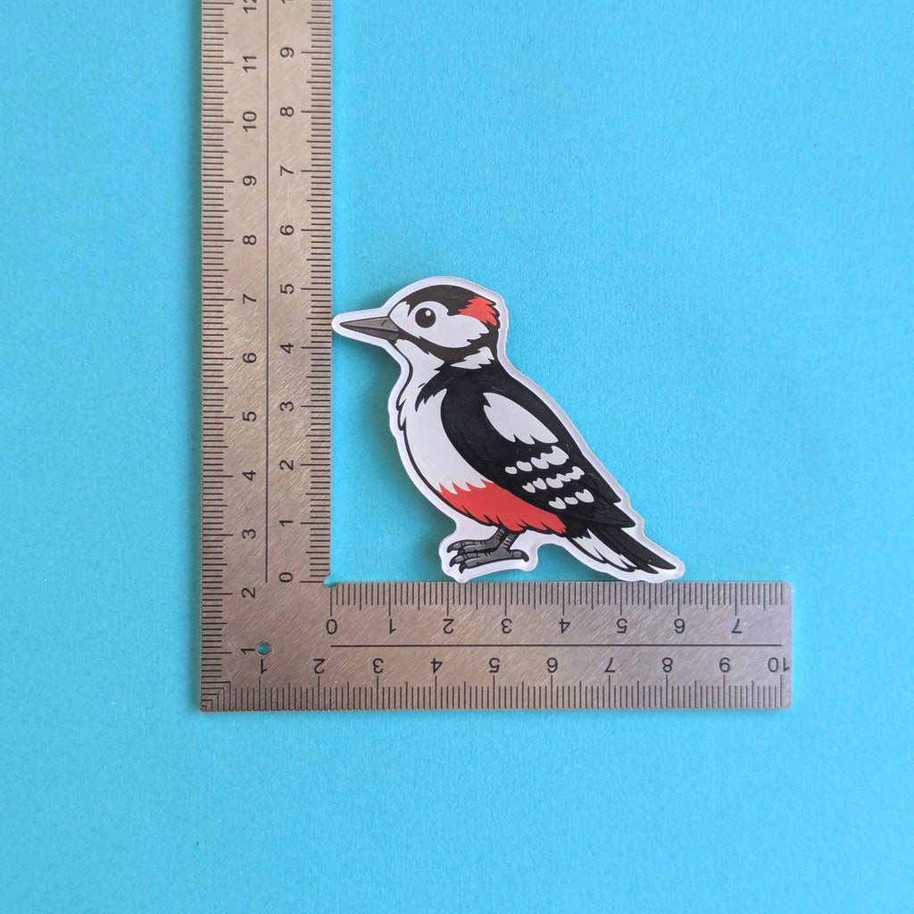 Woodpecker fridge magnet next to a ruler on a blue background